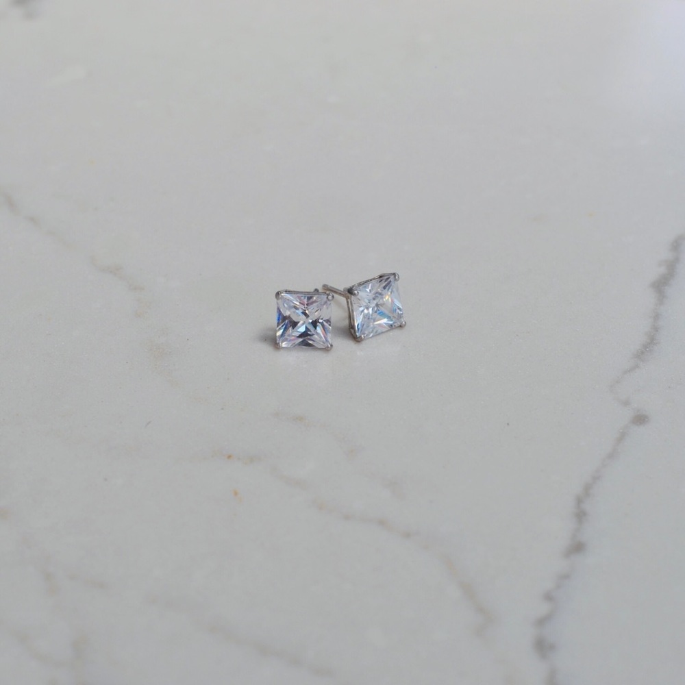 Vintage Mexico .925 Sterling Silver Princess Cut CZ Crystal Earrings